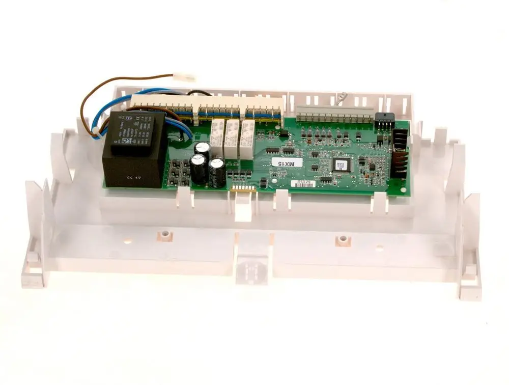 Bosch Leiterplatte in einem Gehäuse, ausgestattet mit zahlreichen Anschlussklemmen und elektronischen Komponenten. Die Platine ist für den Einsatz in technischen Geräten vorgesehen.